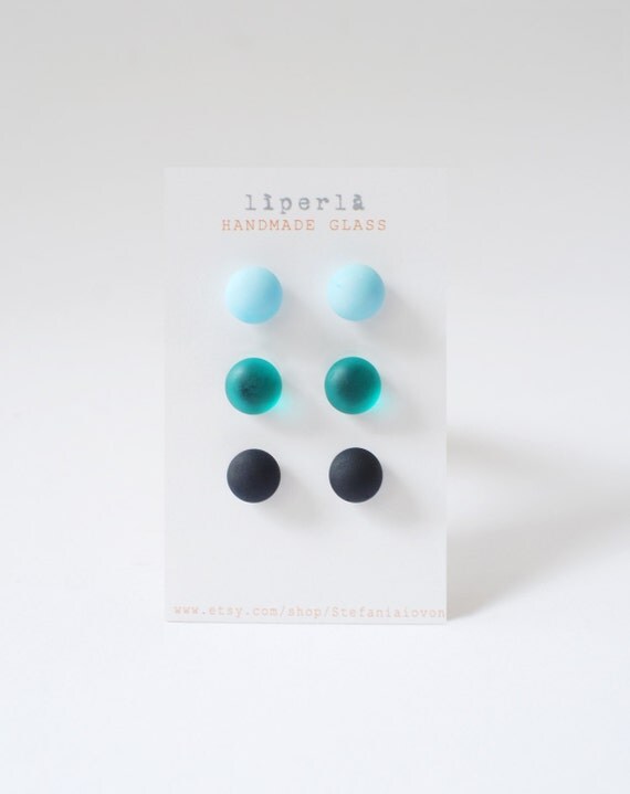 Earring studs trio Turquoise Black Teal glass