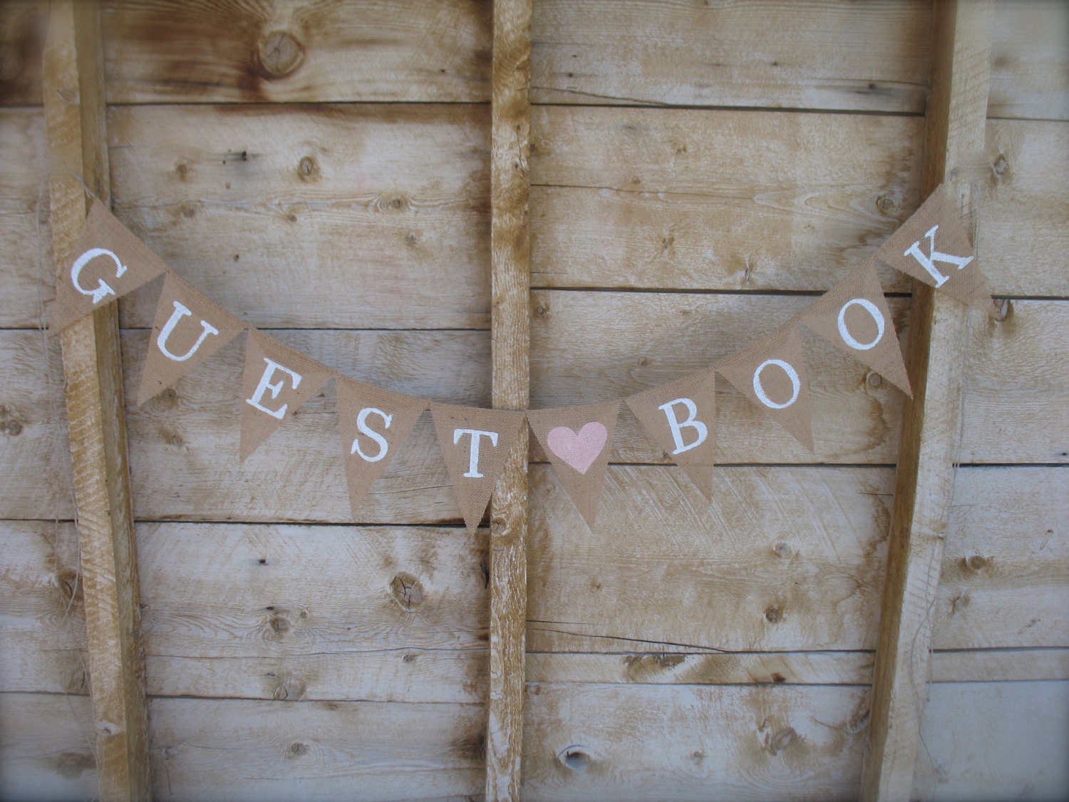 Guest book burlap banner in white lettering, bunting, sign,