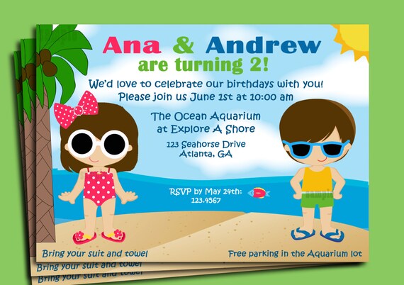 Beach Invitation Printable - You pick boy/girl, hair color/style & skin tone - Pool, Swim, Aquarium, Summer Il_570xn