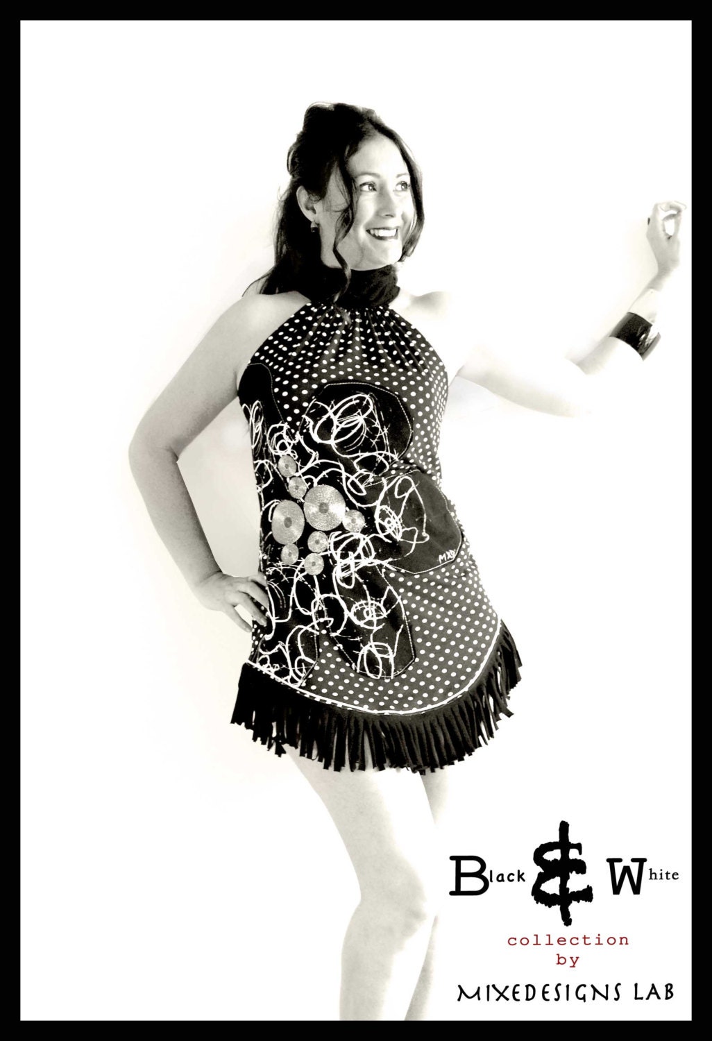Black and White - retro dress- polka dot Tunic dress w/ Fringes- Big black flower -  by MiXeDesigns lab - MixeDesigns