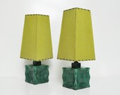 Pair of Mid-Century Forest Green Lamps with Original Shades