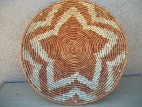 Basket Rust & Burnt Orange Natural Fiber Star Pattern Hand Woven Grass Coil Extra Large 16 1/2" x 5 1/2" - South American