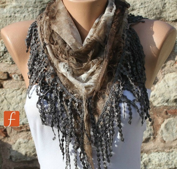 ON SALE - Earth Tones - Brown Scarf - Cowl Scarf with Lace Edge by Fatwoman best selling item scarf