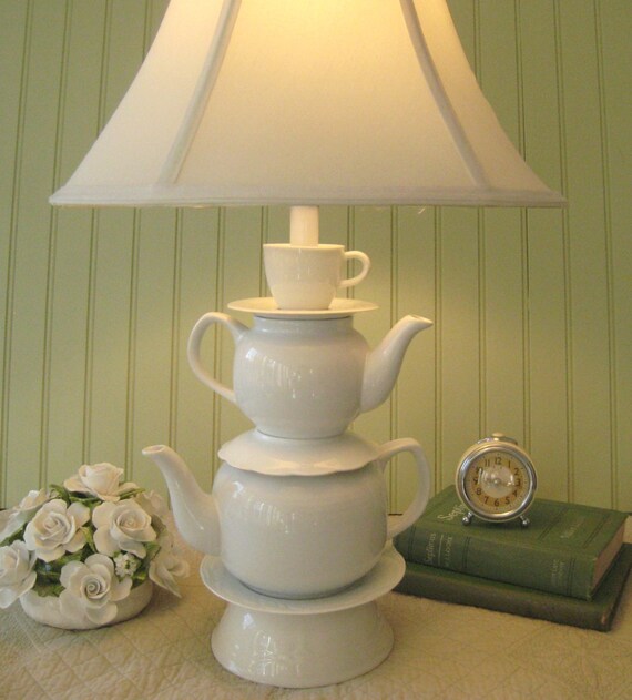 Teapot Lamp White Stacked Teapots Tea Cup and by ThistleandJug