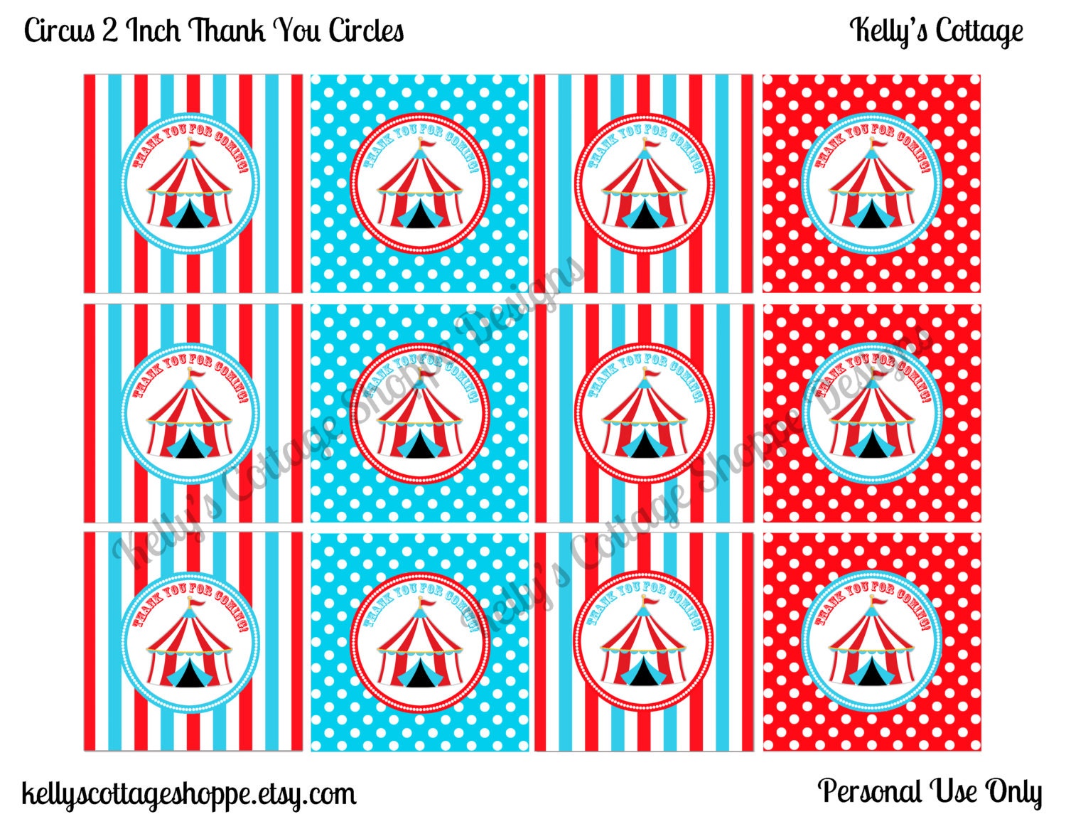 Instant Download, Printable Circus Birthday Party 2 Inch Thank You Circles Il_570xn