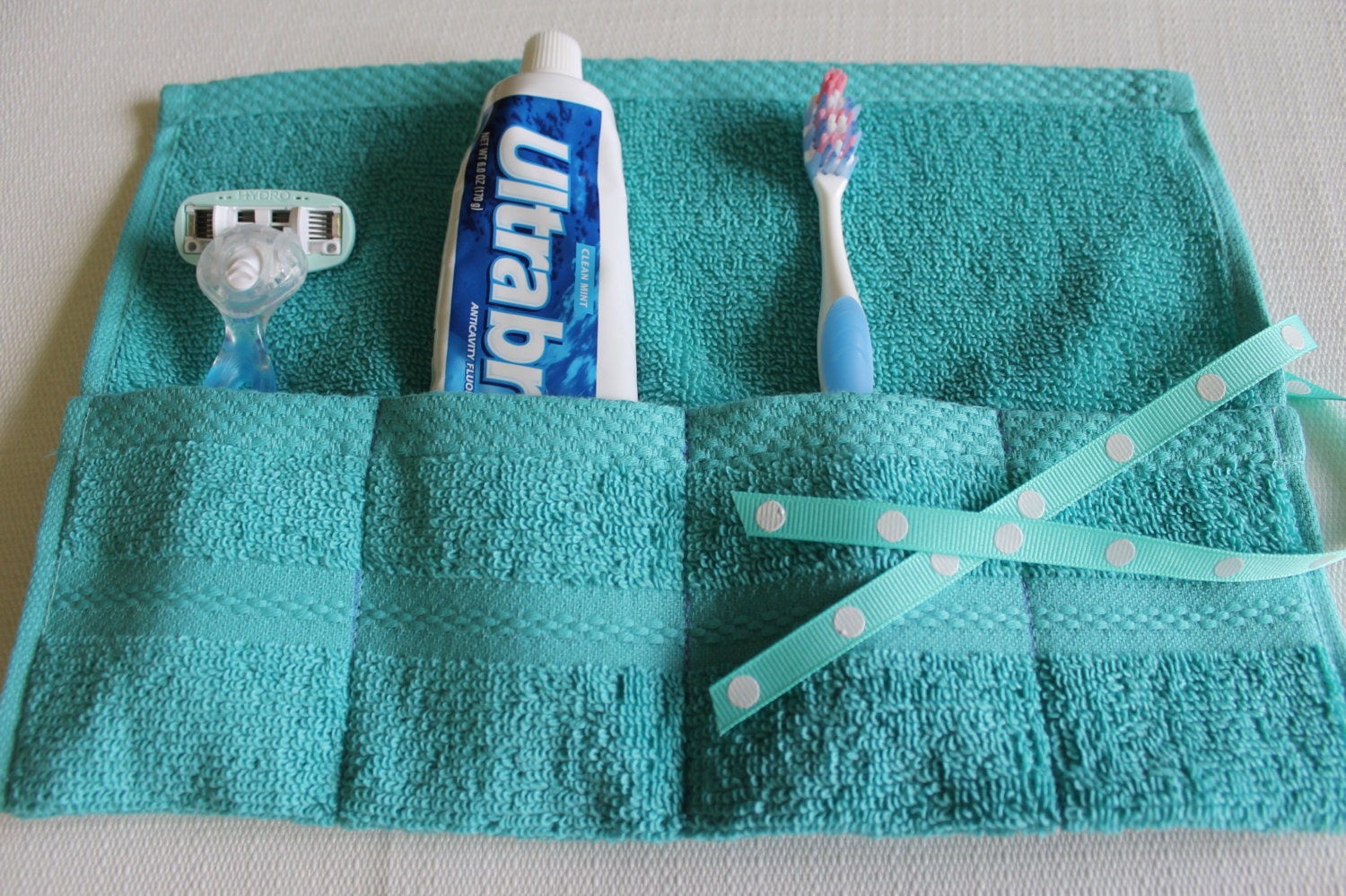 Pinterest Favorite Terrycloth Toothbrush Travel Roll in Cool Aqua...great gift...free shipping