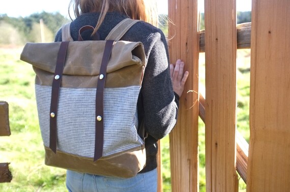 Waxed Canvas Snap Rucksack // Backpack // Roll Top // Sage & Grey Stripes // Limited Edition