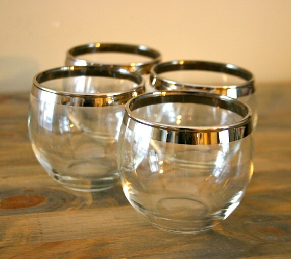 Set of 4 Retro Silver Rimmed Low Ball Glasses by RareandWorthy