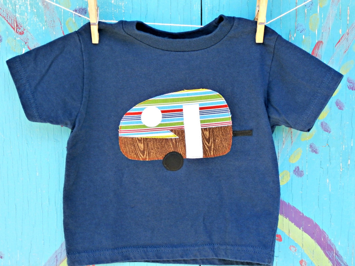 Appliqued Camper T-shirt, Navy with Primary Color/Wood Grain Trailer, Boy's Size 3T READY-TO-SHIP, Other Sizes Available Upon Request - JaneandJoshua