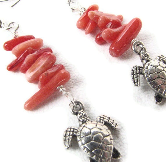 Coral Hawaiian Sea Turtle Jewelry - Ocean Earrings