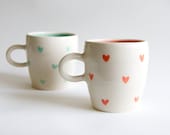 Coral and Mint Ceramic Mugs - SET OF TWO Heart Design  Handmade ceramics by RossLab (made to order) - RossLab
