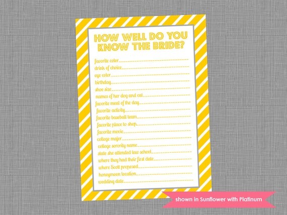 Bridal Shower Game - Printable Shower Themed Diagonal Stripe Know the Bride Game - Colors and Text Customizable Il_570xn