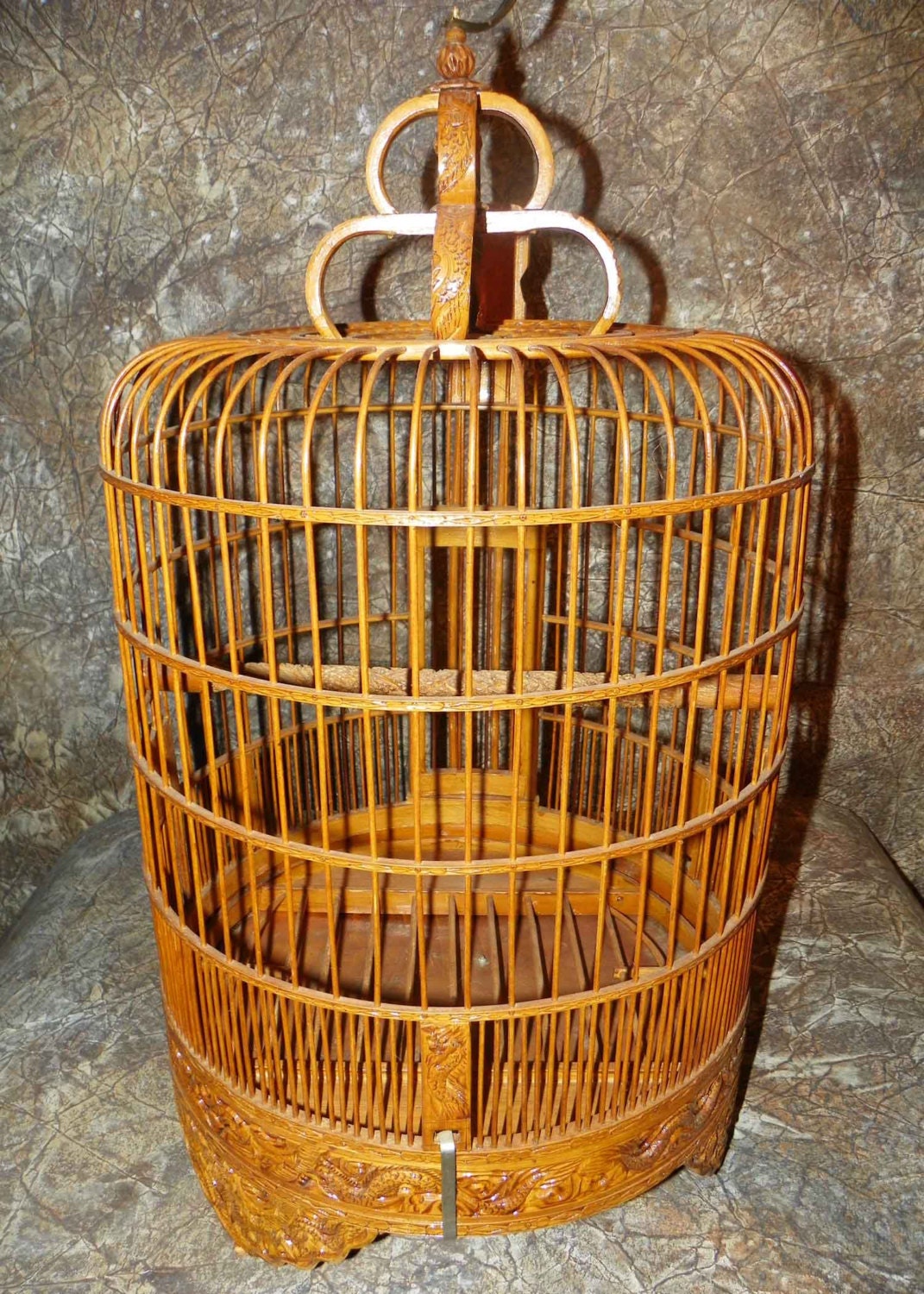 Vintage Birdcage Carved Asian Bamboo Wood by DownInTheBasement