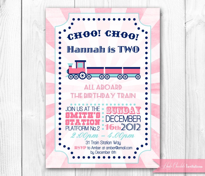 Pink Train Birthday Invitation. Girl Train Party. DIY Printable Invite. Il_570xn