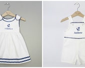 Matching sibling blue and white pique nautical shortall jon jon and dress set with monogram embroidery - MonogramEnvyBoutique Matching sibling blue and white pique nautical shortall jon jon and dress set with monogram embroidery - MonogramEnvyBoutique