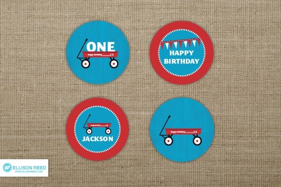Red Wagon Printable - Cupcake Toppers - First birthday - Printable Party - Boy birthday - Girl birthday - Birthday Decorations - Red - Blue Il_570xn