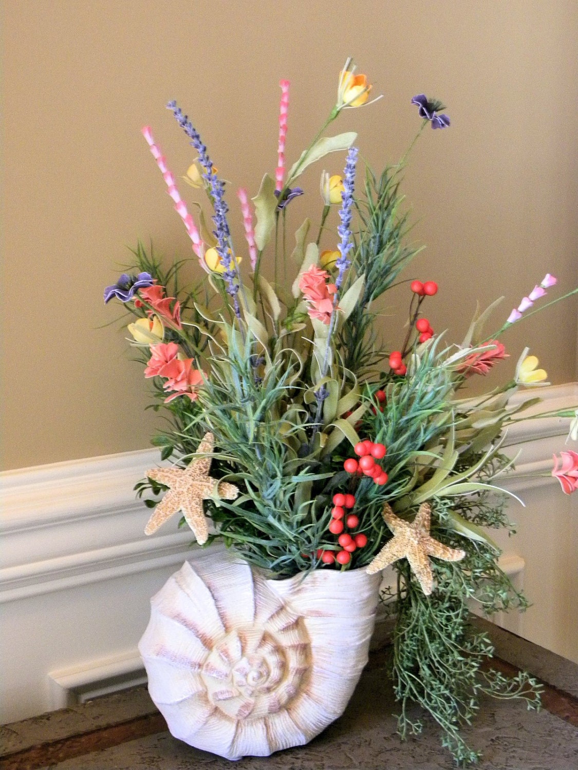 Cottage Beach Flowers Arrangement w Starfish Moon by TsFloral