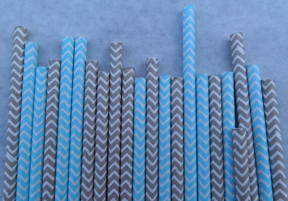 Chevron Paper Straws, Light Blue & Grey, 50 Pack, Baby Shower Chevron Paper Straws Il_570xn