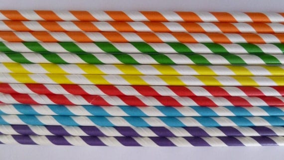50 Rainbow Mixed- Purple Yellow Red Blue Green Orange Striped Paper Straws-Candy Land Birthday Party- Ice Cream Shoppe Decorations