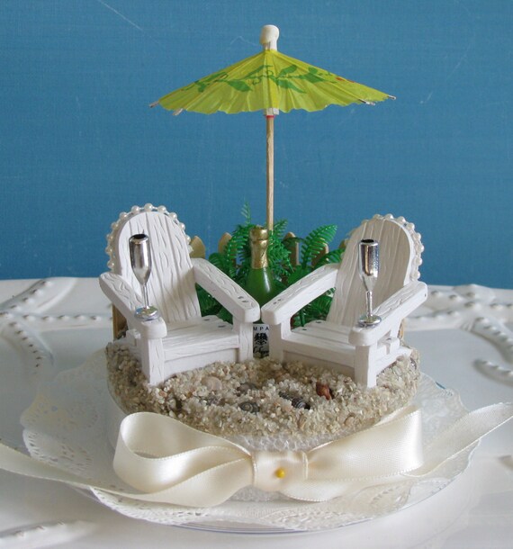 Adirondack Chairs Beach Umbrella Wedding Cake Topper-Champagne Bottle 