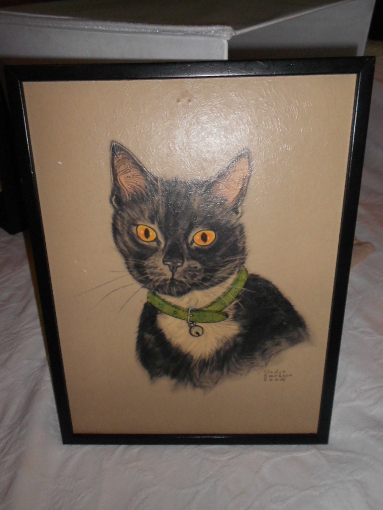 VINTAGE CAT PRINT framed cat print by Gladys by vintagebyrudi