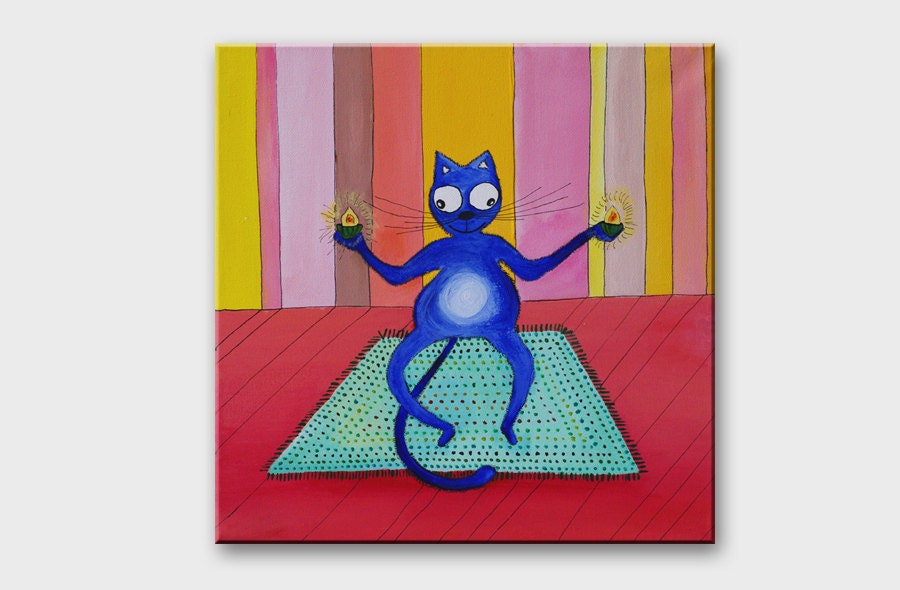 ORIGINAL Blue Cat painting on canvas Meditation Yoga Pastel colors art Crazy kitty Small painting Home decor Nursery room decoration 12x12 - AstaArtwork