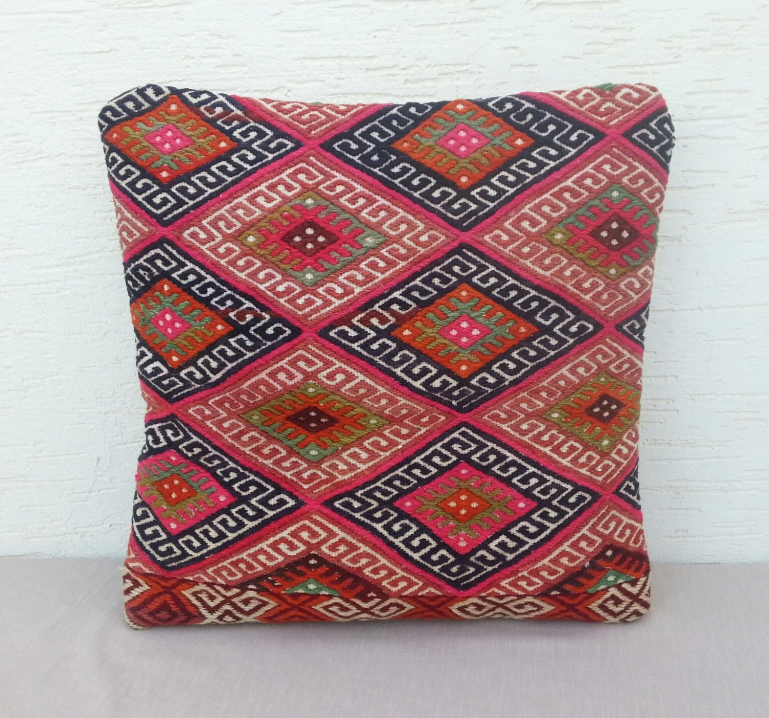 MODERN Bohemian Home Decor, Handwoven Embroidered Wool Pink Green Black Turkish Kilim Pillow Cover 20''x20'',Decorative Throw  Pillows.