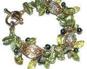 Chunky Green Pearl And Crystal Vintaj Charm Bracelet, Czech Glass Leaves And Ladybugs,Toggle, Nature Inspired Romantic Jewelry - SoManyPrettyBeads