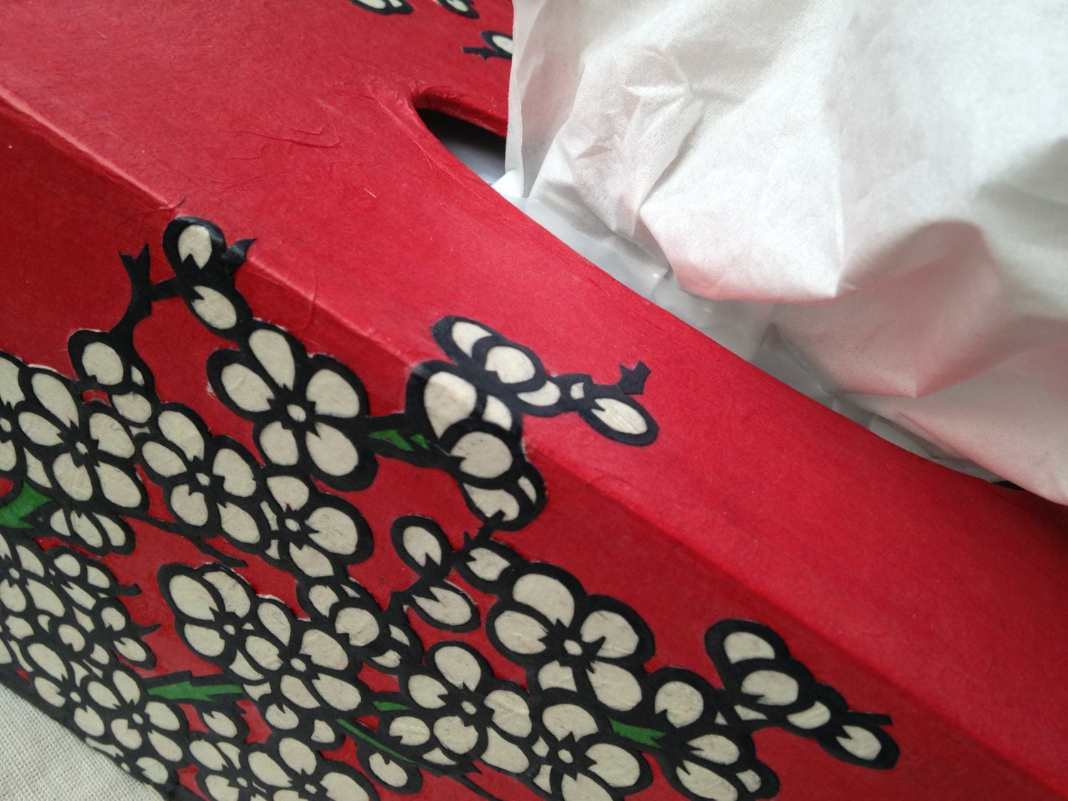Red Korean Hanji Tissue Box Cover with Plum Blossoms Designs - HanjiNaty
