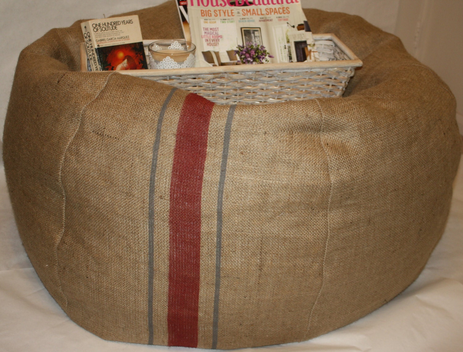 23" Diameter - Rustic Burlap Stripe Beanbag with Filling, Home Decor, Furniture, Pouf  -   Great for outdoor or indoor - JiaHomeCollection