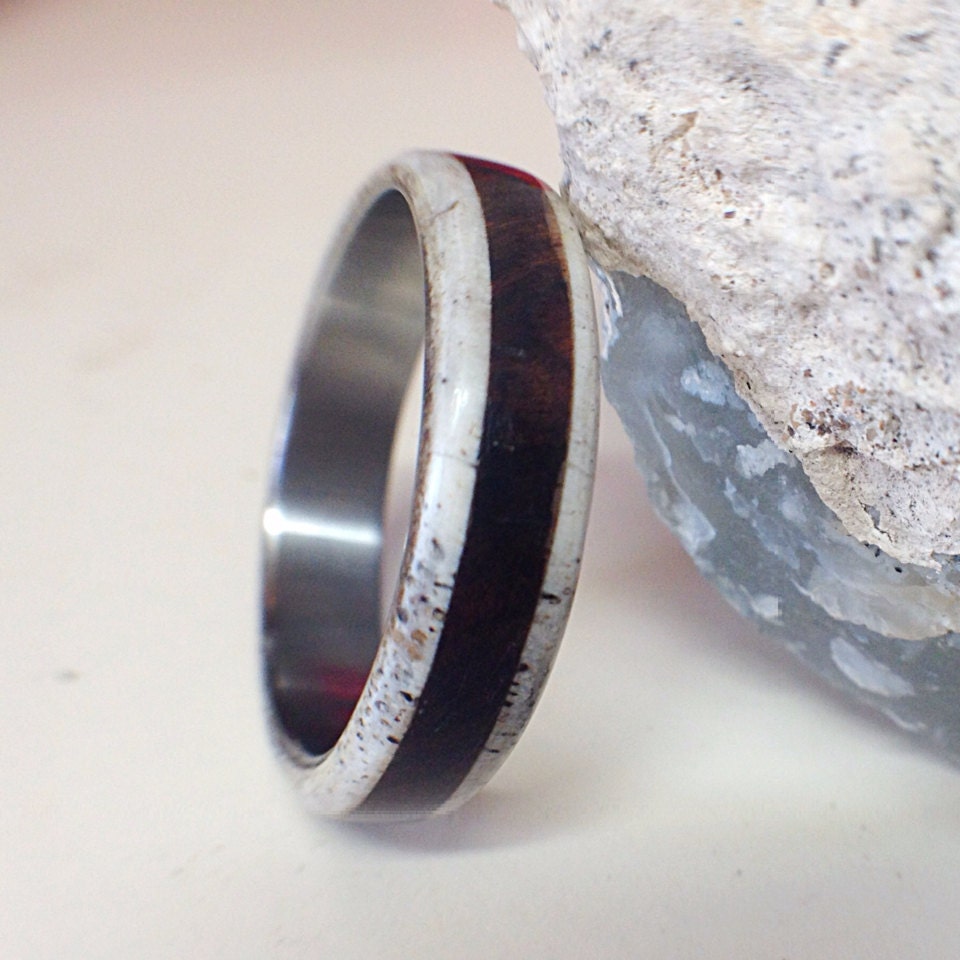 Mens Titanium Ring with Wood and Antler - Mens Wedding band Mens Titanium Ring with Wood and Antler - Mens Wedding band
