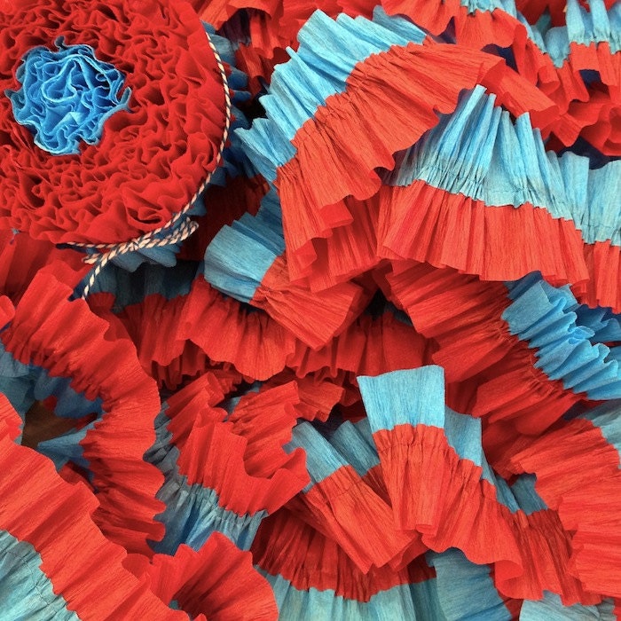 36 Feet RED and TURQUOISE Ruffled Crepe Paper Streamers - Party Decoration - Craft and Party Supplies - CharmiosCraftParty