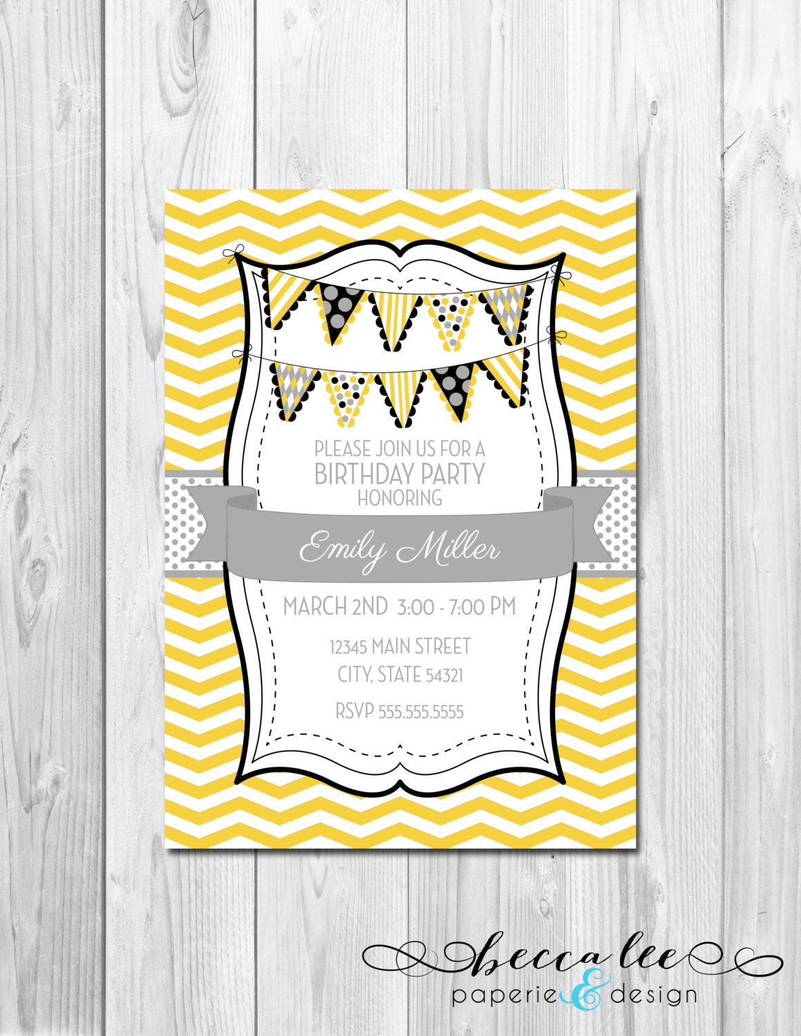 Pennant Banner Invitation - Chevron Stripes - Yellow & Grey - DIY - Printable Il_170x135