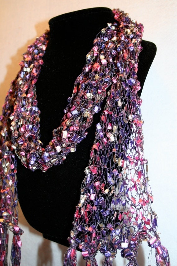 Items similar to Hand Knitted Pink and Purple Ladder Yarn Scarf on Etsy