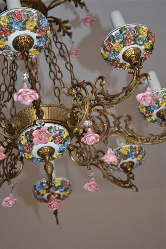 Items similar to Brass Flower Chandelier with porcelain roses and