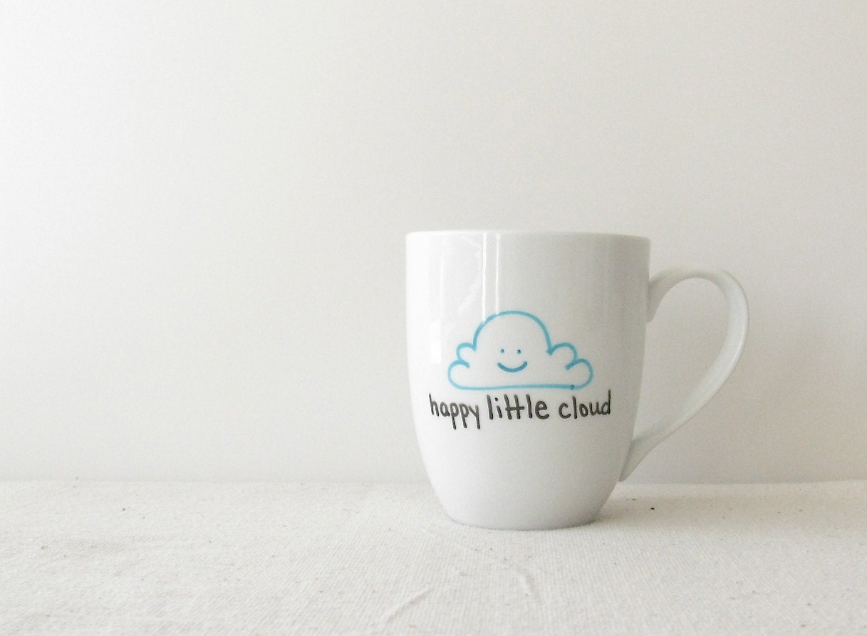 Cloud Mug - Bob Ross inspired Cloud Coffee Cup - "Happy Little Cloud" with Turquoise Smiling Cloud - RevellHouse