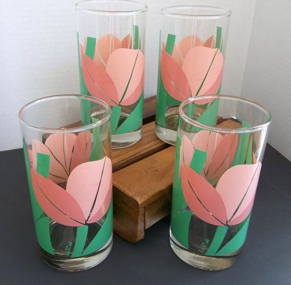 Drinking Glasses Flowers Pink and Green by ZephyrhillsVintage