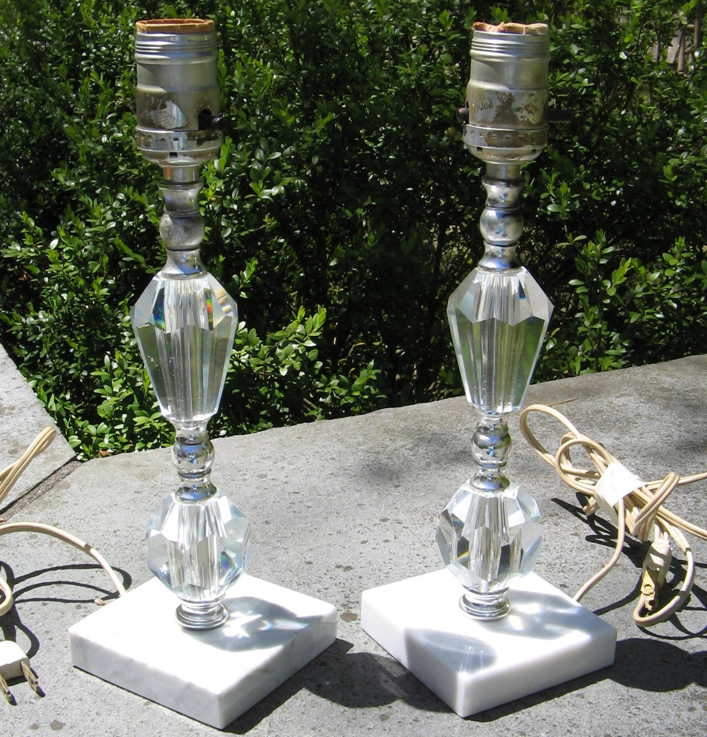 Vintage Pair Crystal and Marble Vanity Lamps
