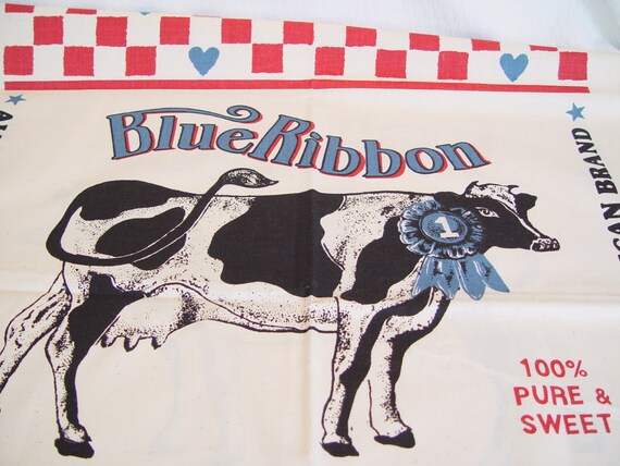 ON SALE Vintage Blue Ribbon Cow Fabric by GandTVintage on Etsy