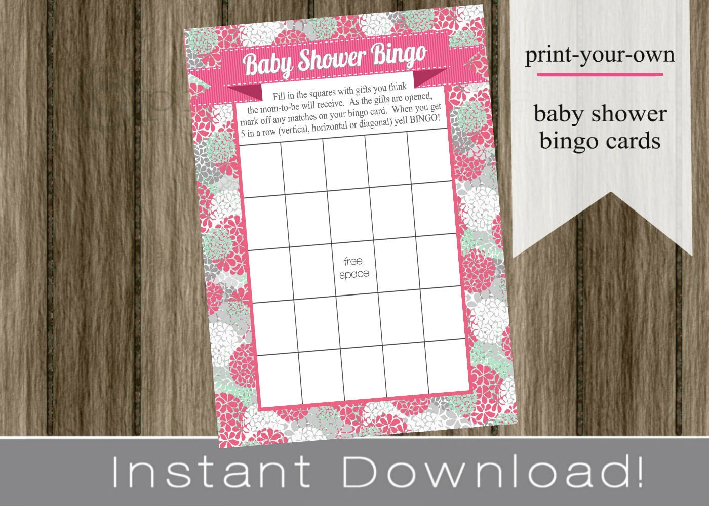 Baby Shower Bingo Game Cards pink hydrangeas girl INSTANT DOWNLOAD diy digital printable file print your own Il_570xn