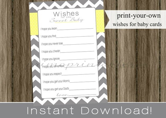 Baby Shower Wishes for Baby gray chevron and yellow INSTANT DOWNLOAD diy digital printable file print your own Il_570xn
