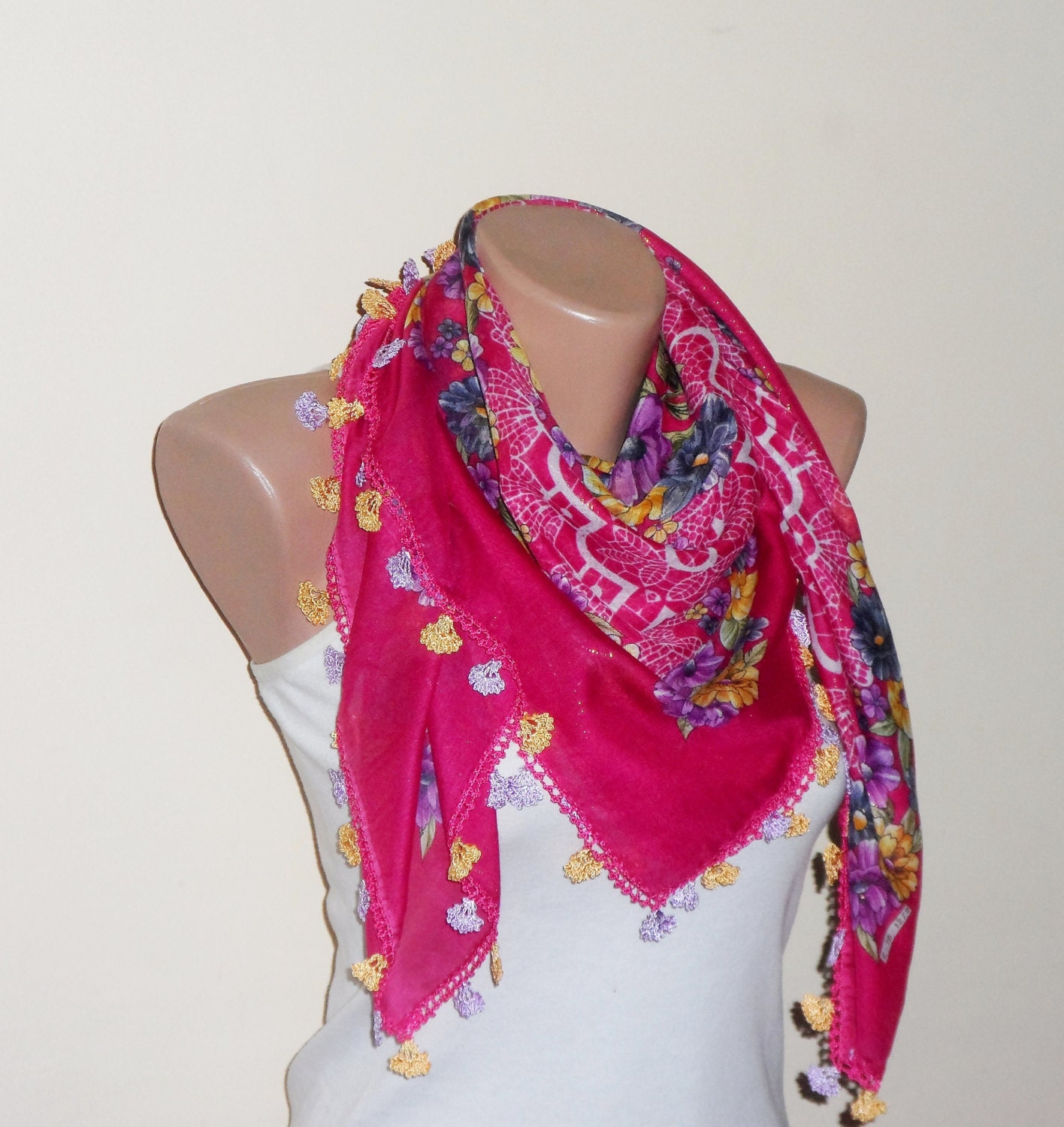 dark pink scarf  yellow flower green  purple white aidaidris cotton turkish yemeni oya handmade - DamlaScarf