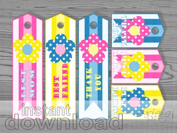 Best Mom, Best Friend, Thank you, printable bookmark and gift tag, pink yellow, blue, polka dot flower, ribbon, Medal of Honor, orden Il_570xn