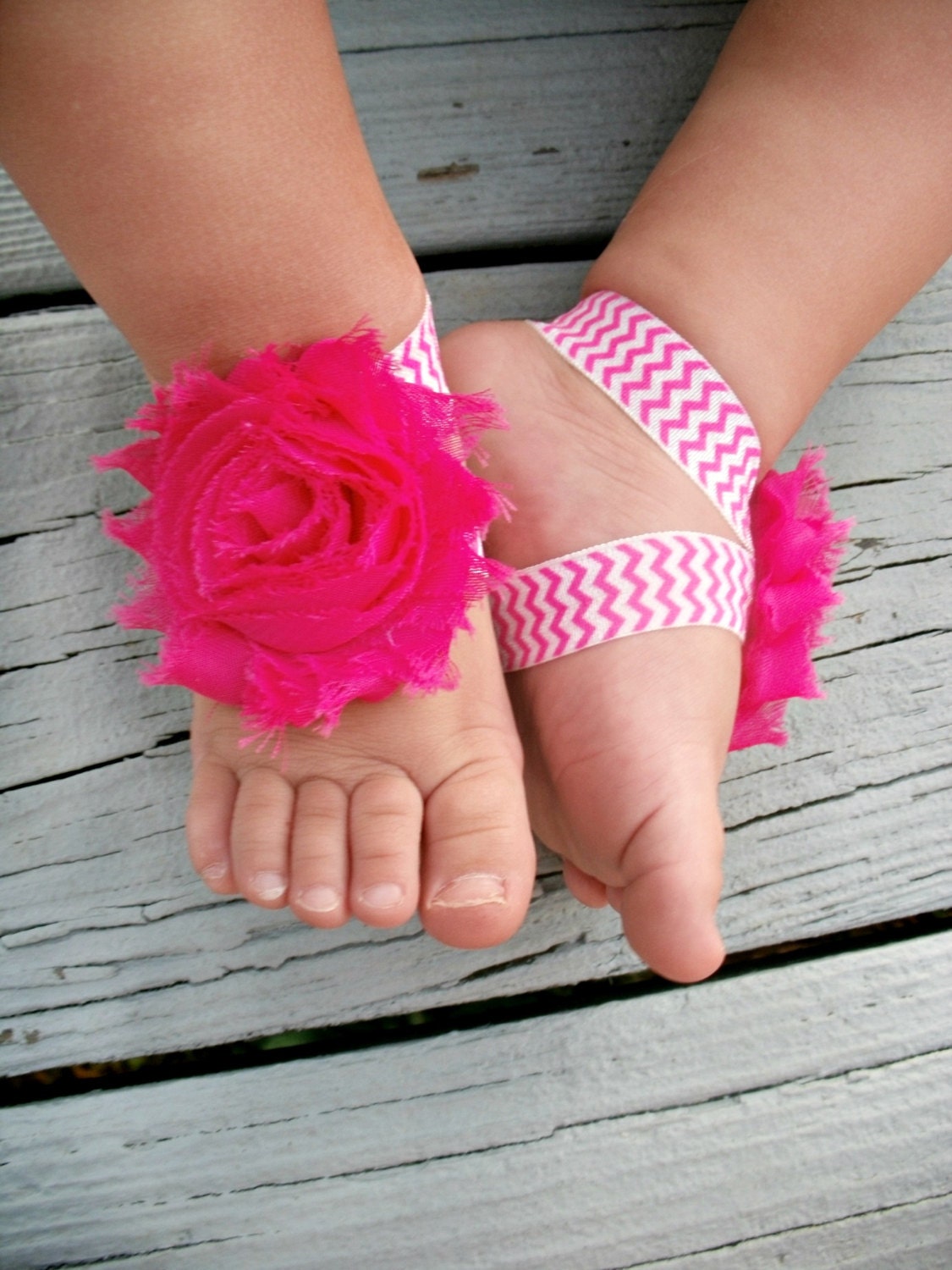 Baby Barefoot Sandals .. Hot Pink Flower on Chevron Elastic .. Toddler Sandals .. Newborn Sandals