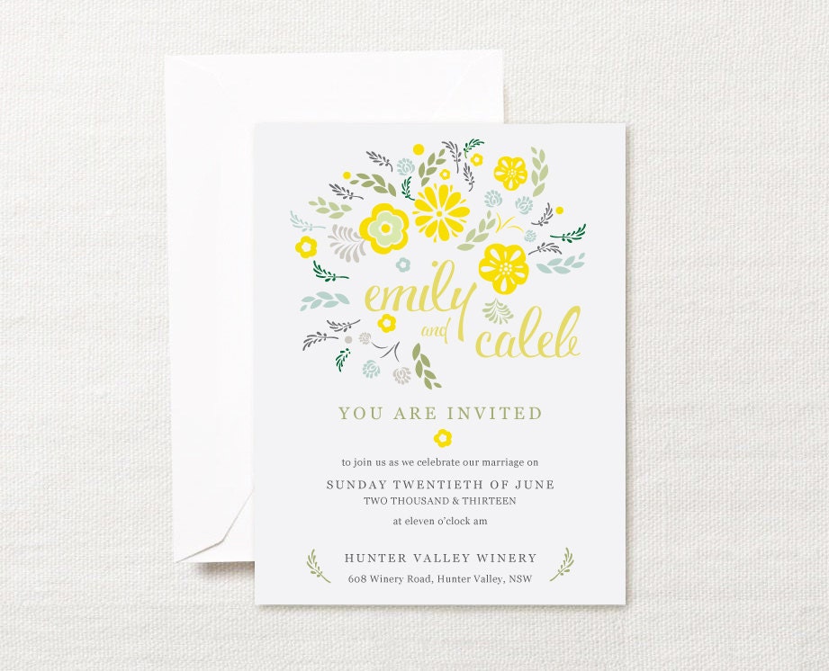Yellow & Grey Floral Wedding Printable Invitation Set - wedding invite, rsvp / reply card spring flowers Il_570xn