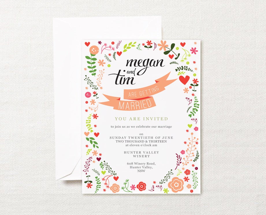 Whimsical printable wedding invitation calligraphy - pink floral wedding invite, rsvp / reply card set Il_570xn