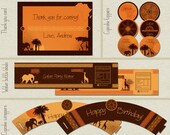 Safari birthday party kit printable African theme Cupcake toppers Wrappers Invitation Banner Bottle labels Package Orange Brown Il_170x135