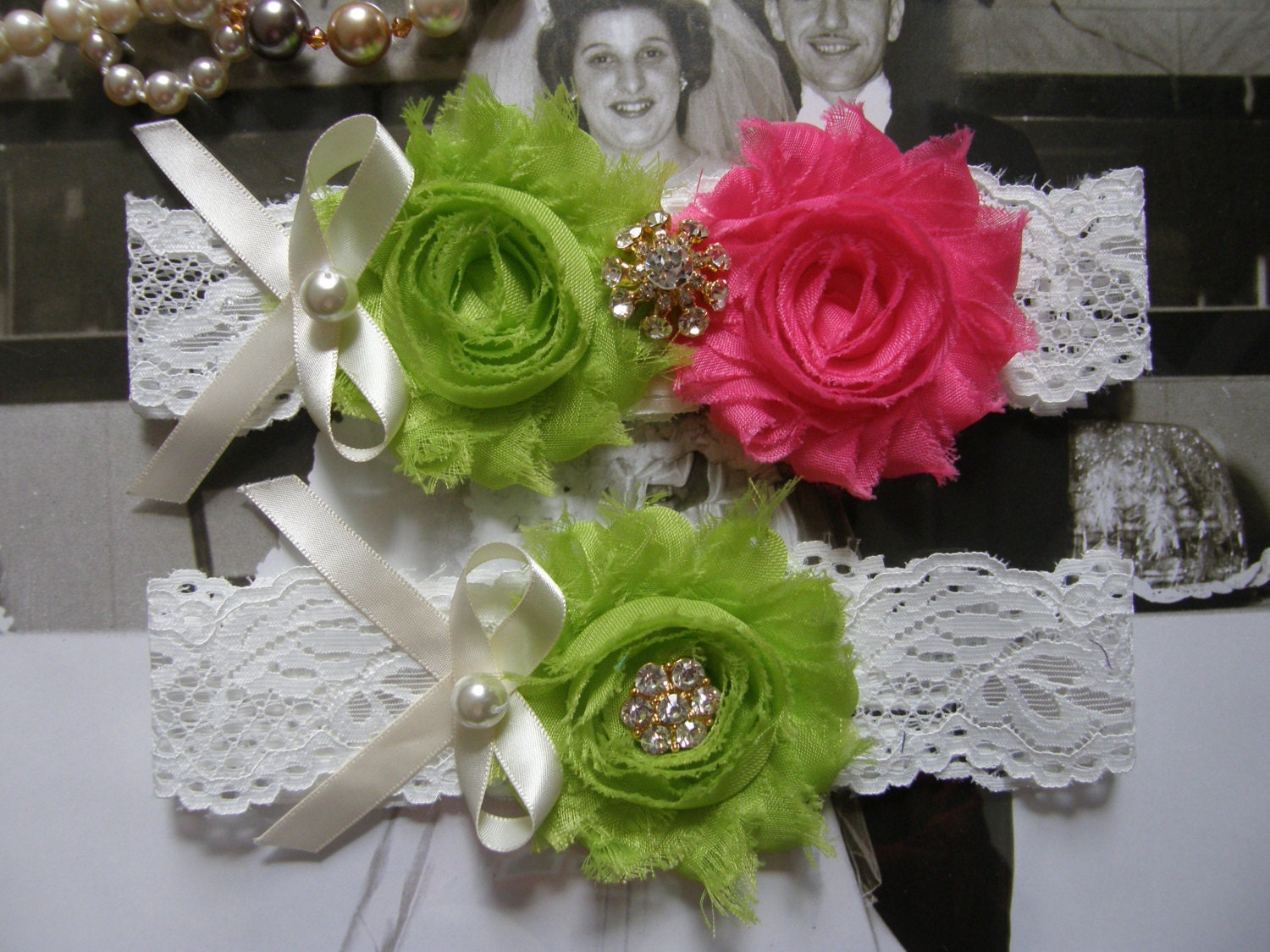 Garter / Wedding Garters / Lace Garter / Lime Green / Hot Pink / Bridal Garter Set / Bridal Garter / Toss Garter / Vintage Inspired