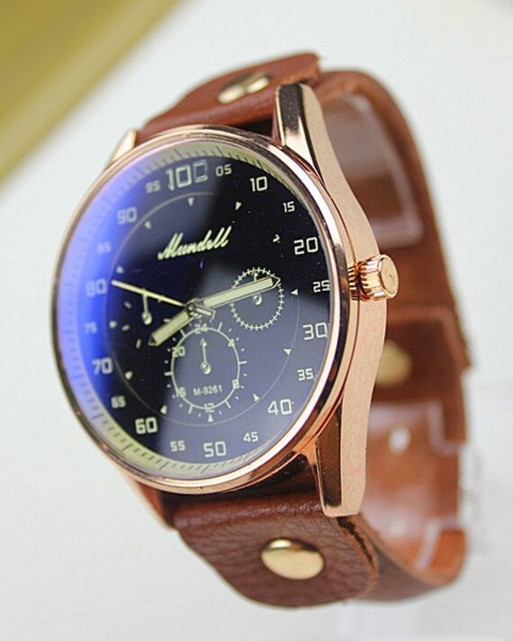 Men Leather Watch Big Face Blue Face Wrist Watch by MyWatch