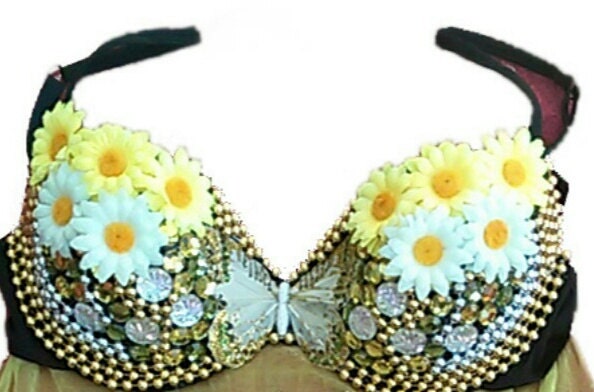 Rave Bra with sunflowers and Gold&Green gems with butterfly centerpiece:) size C. can be made for any size.